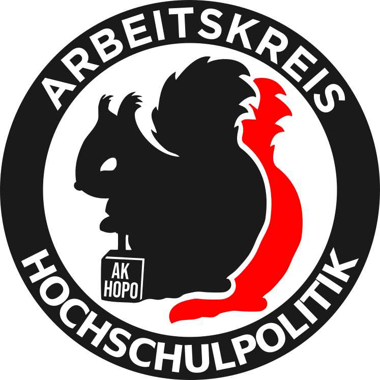 Logo des Arbeitskreis Hochschulpolitik: schwarzes und rotes Eichhörnchen.